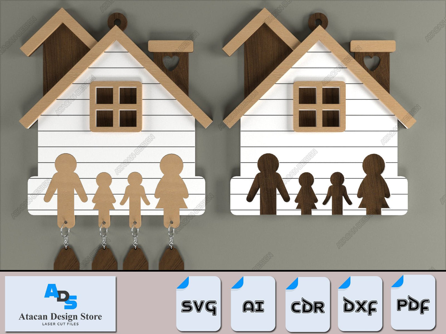 Personalized Family Key Holder / House Shape Wall Keyring Organiser / Wooden Laser Cut Files ADS364