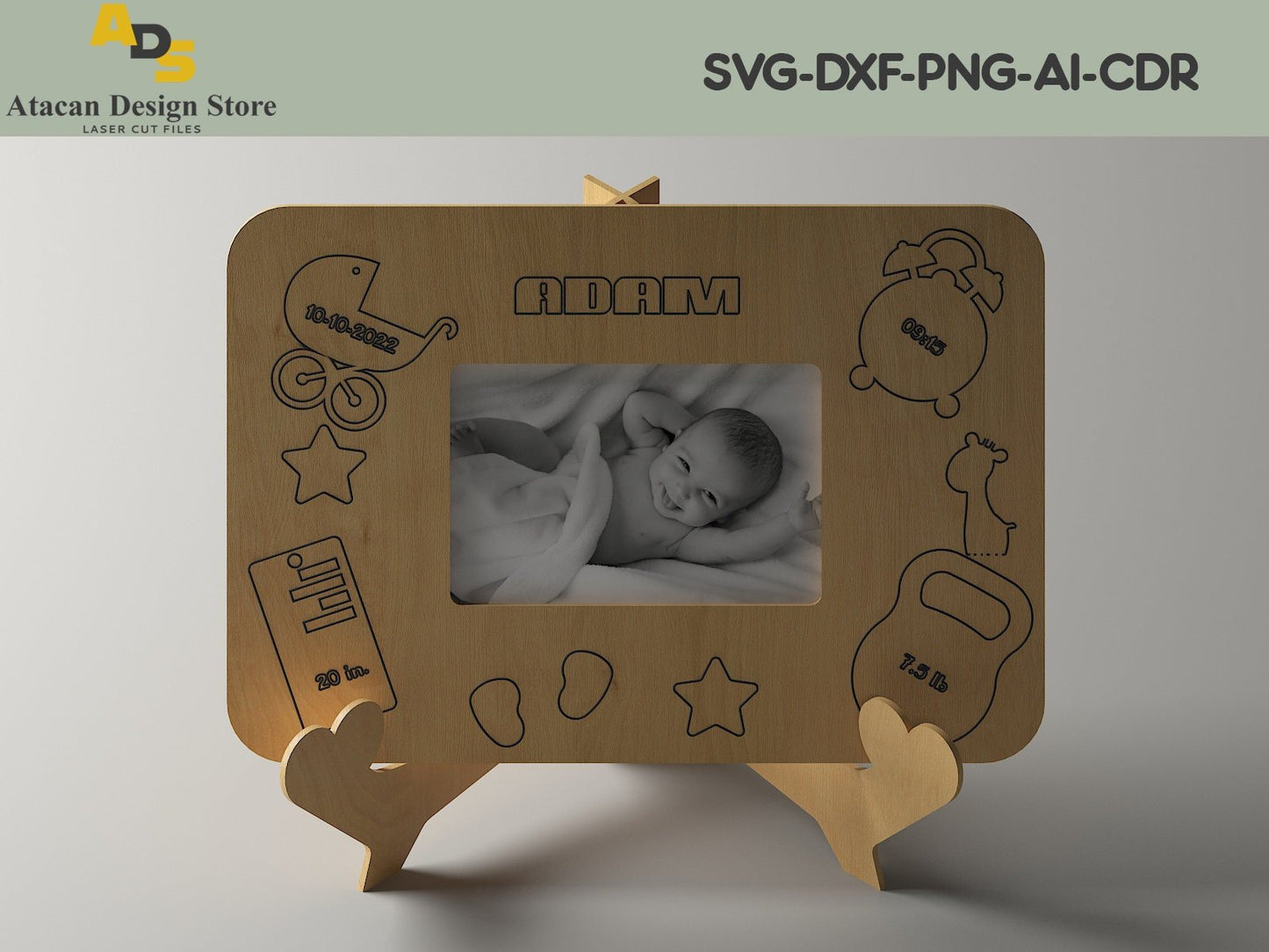 Photo frame and Easel Stand / Child metrica / Baby Announcement / Birth Details Laser cut files SVG236