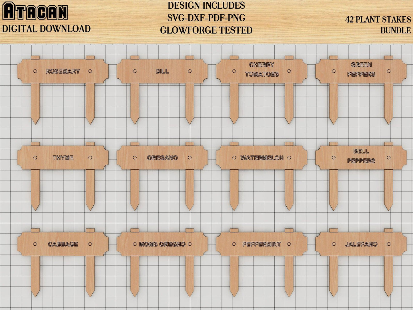 Plant marker SVG laser cut files, Plant Stakes Bundle, Garden Markers Glowforge Templated 246