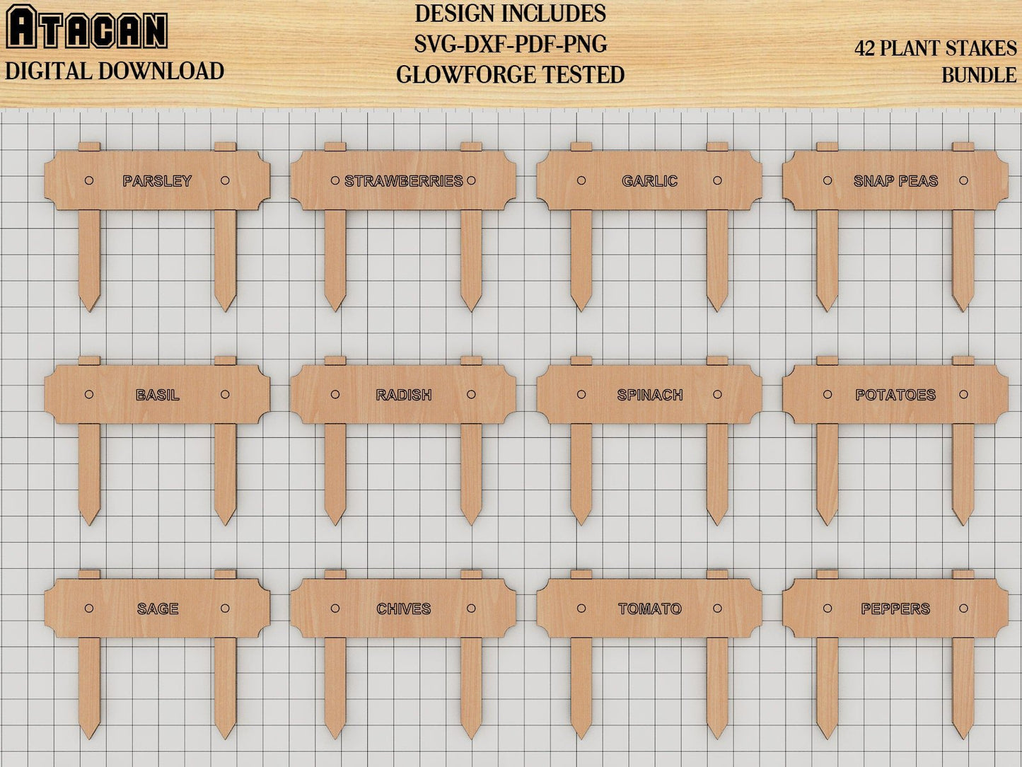 Plant marker SVG laser cut files, Plant Stakes Bundle, Garden Markers Glowforge Templated 246