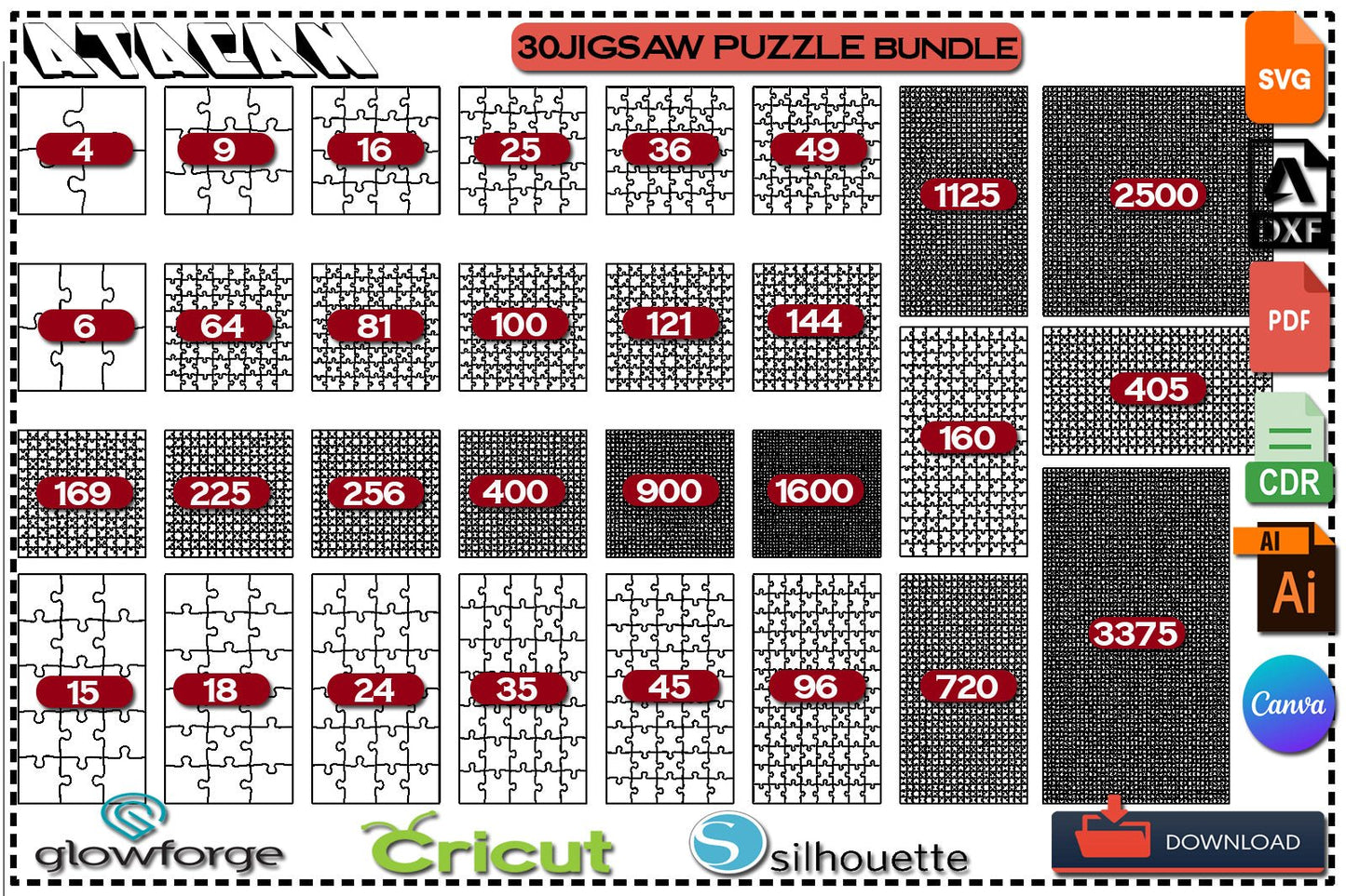 Puzzle Template Bundle / Jigsaw Puzzles / Puzzle Pieces / Laser Cut Puzzles SVG DXF Ai CDR 376