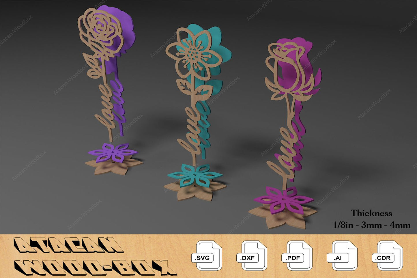Rose Flowers Laser Cut File / Wood Roses For Mothers Day / Mom Dad Love Anniversary Gift SVG DXF Ai CDR 335