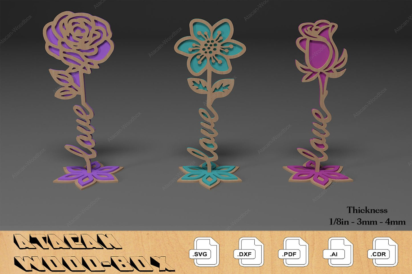Rose Flowers Laser Cut File / Wood Roses For Mothers Day / Mom Dad Love Anniversary Gift SVG DXF Ai CDR 335