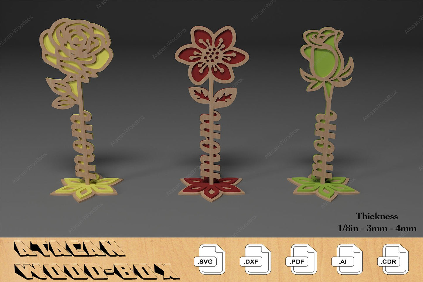 Rose Flowers Laser Cut File / Wood Roses For Mothers Day / Mom Dad Love Anniversary Gift SVG DXF Ai CDR 335