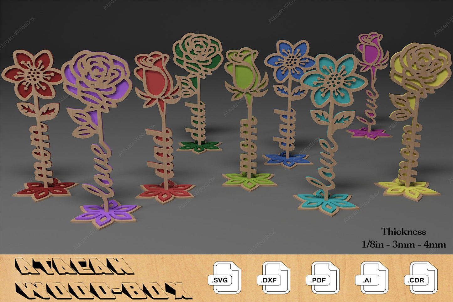 Rose Flowers Laser Cut File / Wood Roses For Mothers Day / Mom Dad Love Anniversary Gift SVG DXF Ai CDR 335
