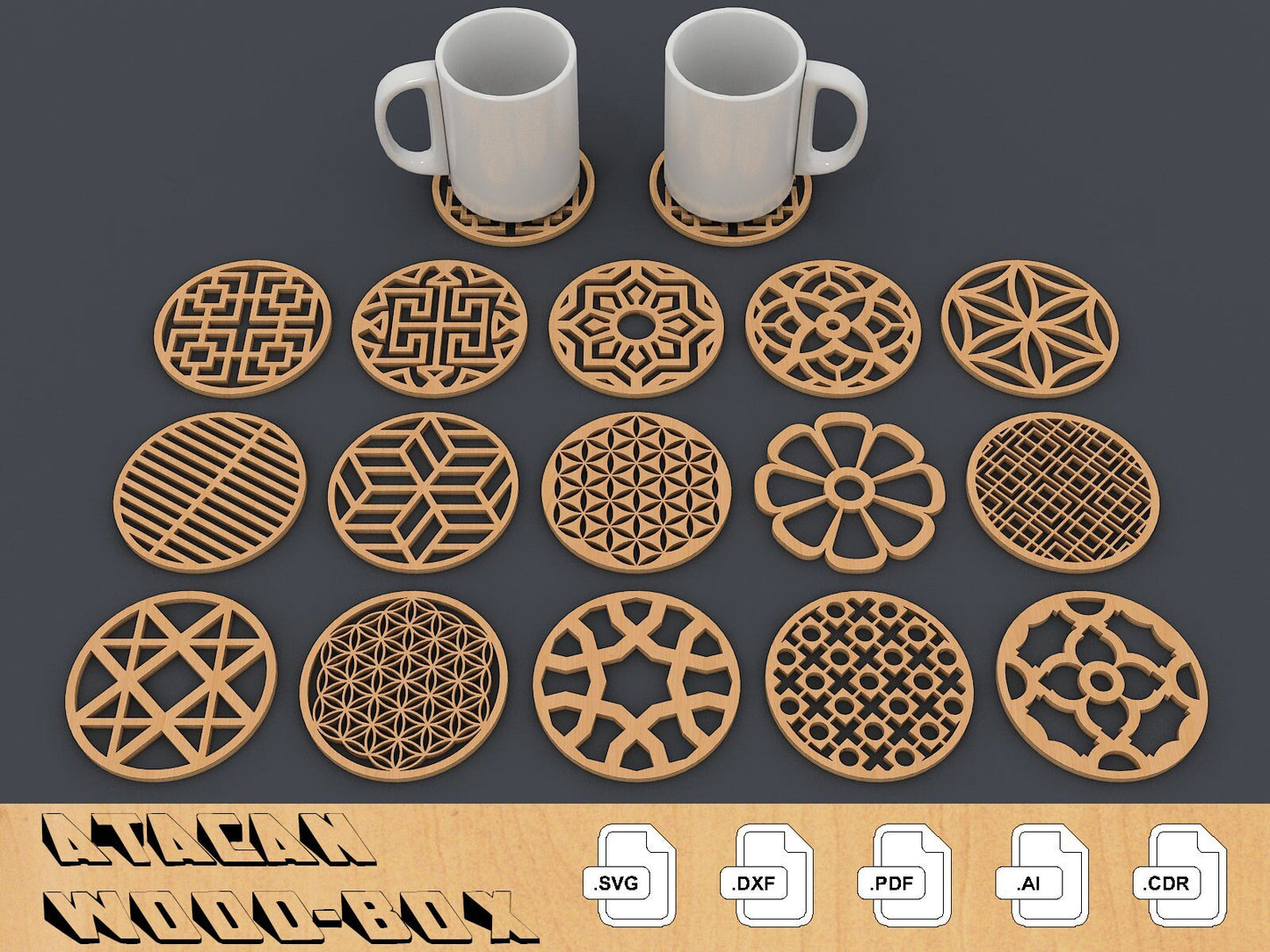 Round Coasters Bundle, Earrings Vector Laser cut file SVG DXF, Glowforge Laser cut template Patterns 098