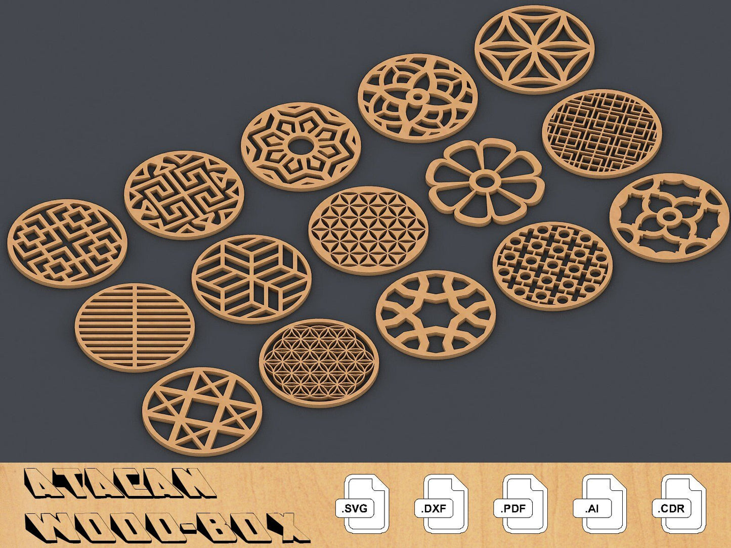 Round Coasters Bundle, Earrings Vector Laser cut file SVG DXF, Glowforge Laser cut template Patterns 098