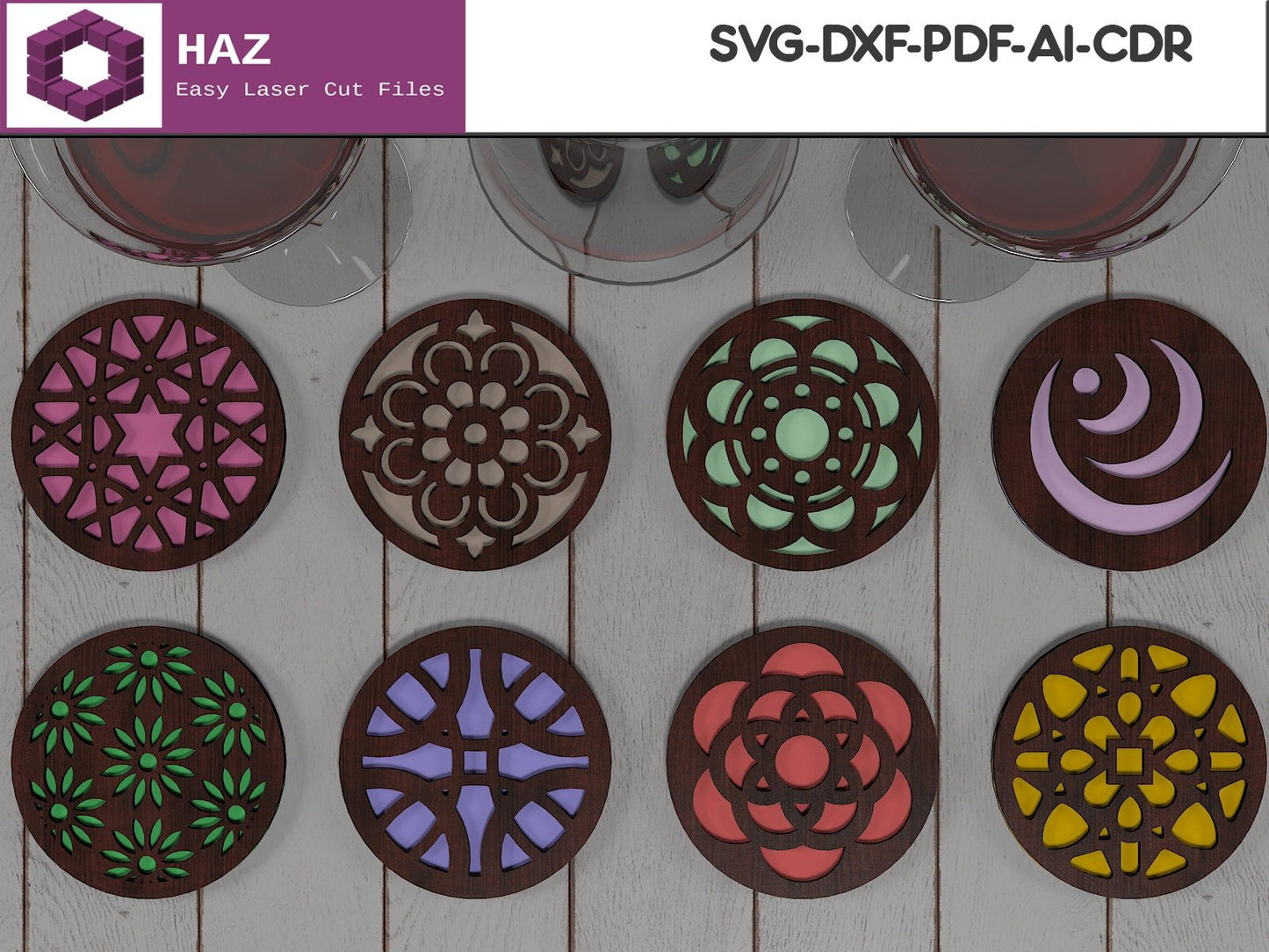 Round Drink Coasters / Wooden Coaster Designs / Digital Vectors SVG DXF CDR Ai 053