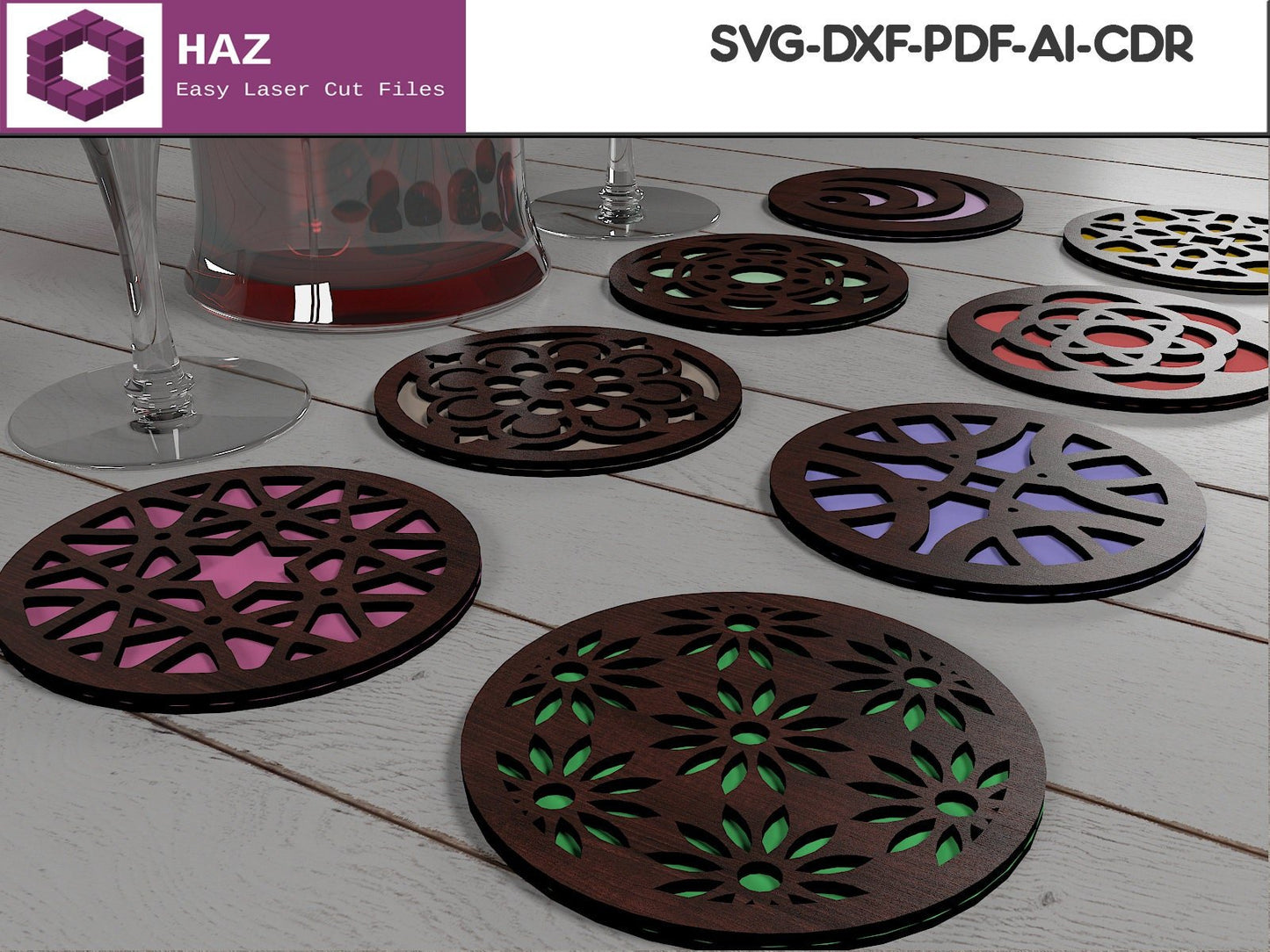 Round Drink Coasters / Wooden Coaster Designs / Digital Vectors SVG DXF CDR Ai 053
