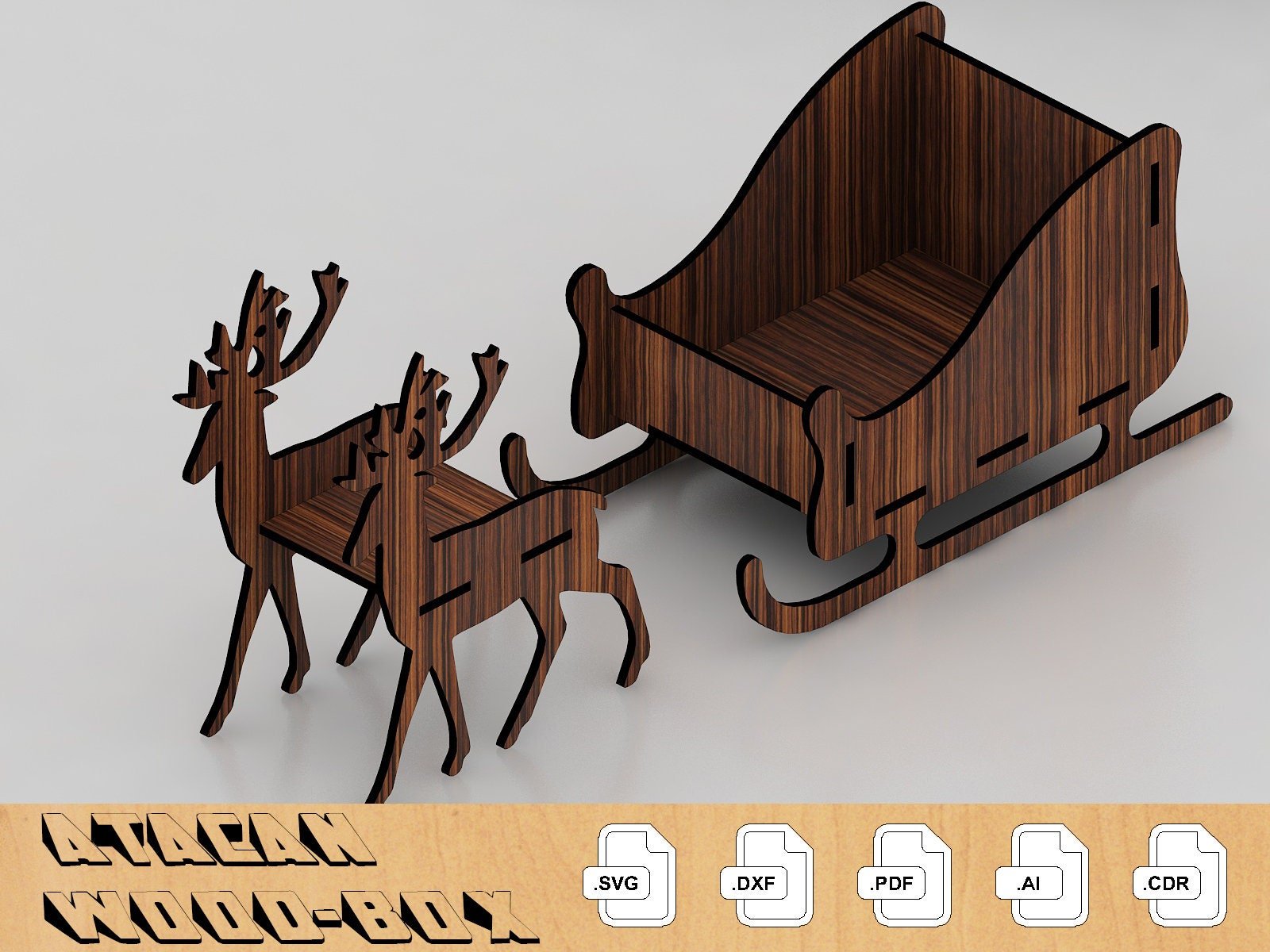 Santa Claus Christmas Sleigh / Deer and sleigh / Noel Decor / Xmas Wooden Reindeer / Glowforge vector 273