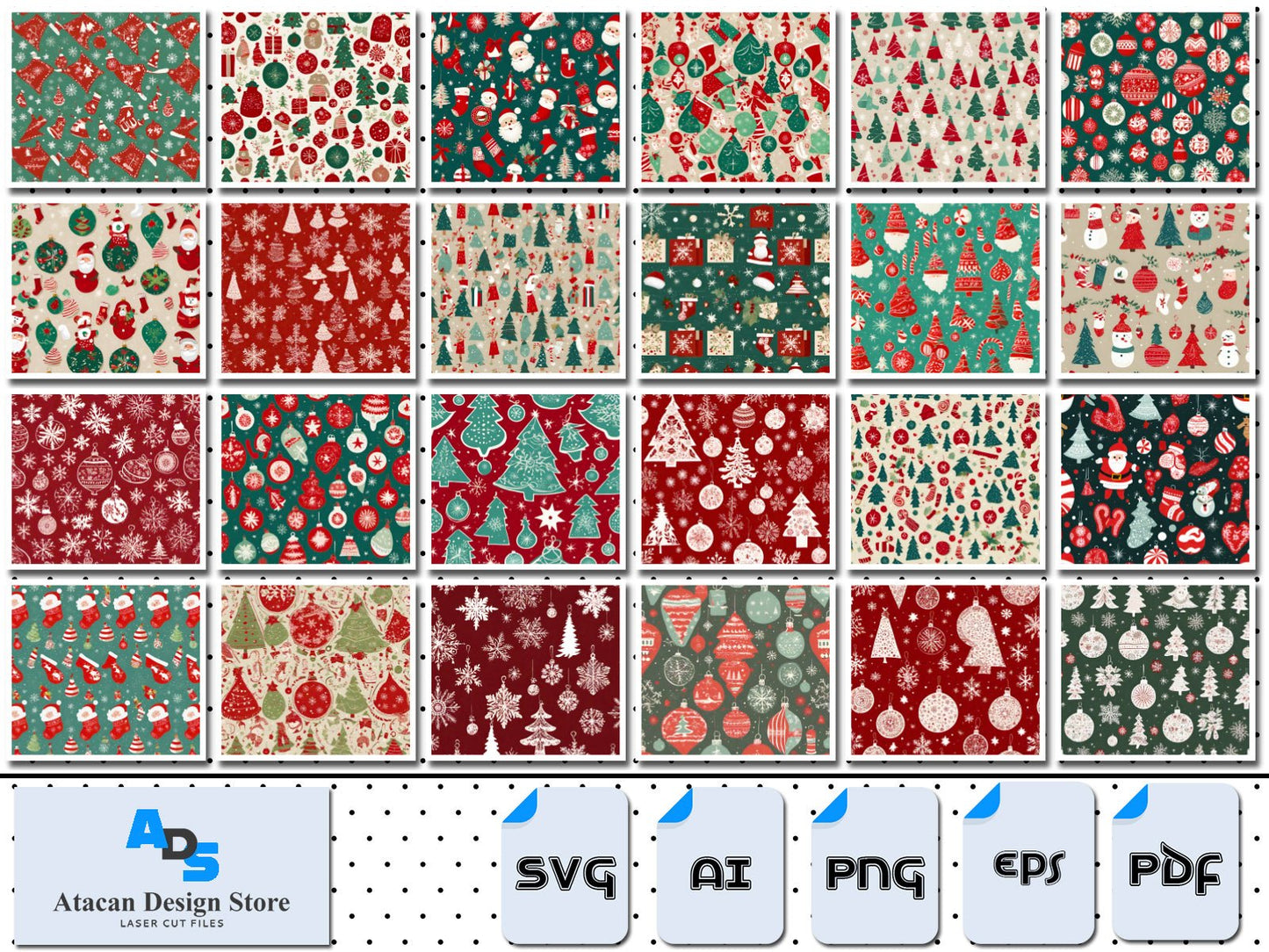 Seamless Vintage Christmas Patterns / Snowflake Santa Christmas Tree Wrap Templates / Xmas Winter Wallpapers Background SVG DXF CDR 350