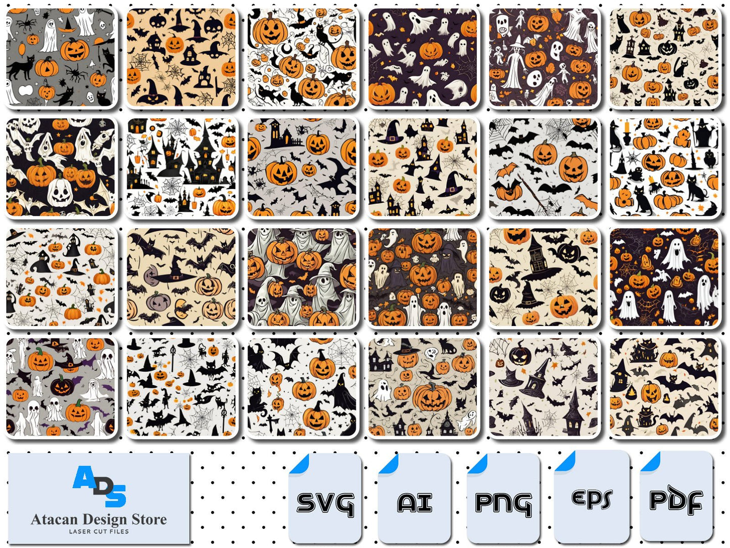 Seamless Vintage Halloween Patterns / Pumpkin Pooky Bats Witches Templates / Halloween Spooky Ghosts Wallpapers Background SVG DXF CDR 351