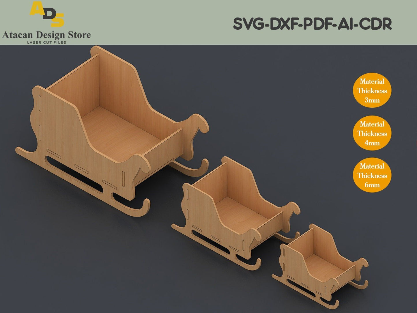 Sleigh Decoration / Santa Sleigh SVG DXF / Noel Sled Laser cut files / Glowforge laser ready ADS153