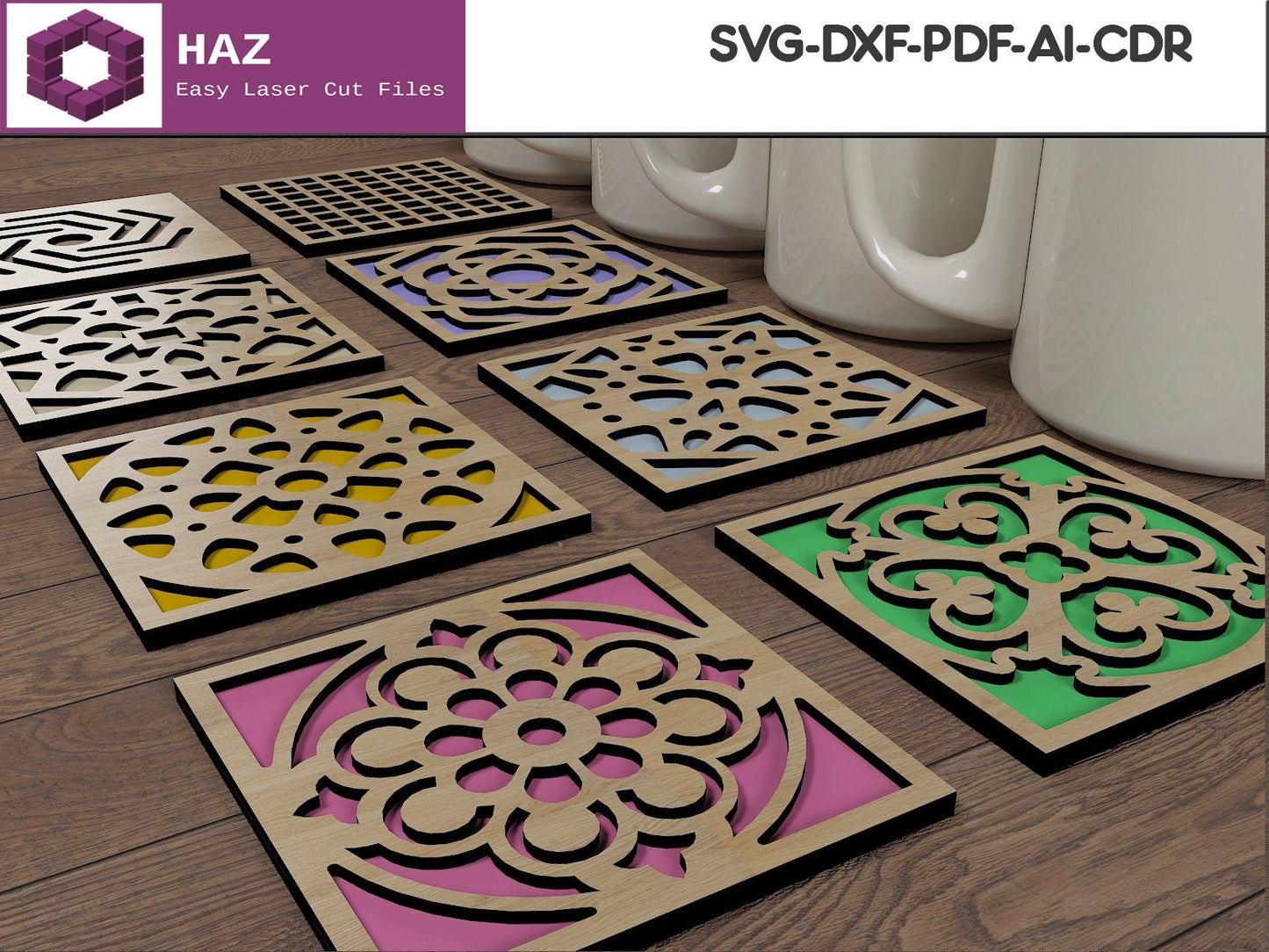 Square Coaster Templates / Geometric Vector Digital / Laser Cut Coasters SVG DXF CDR Ai 056