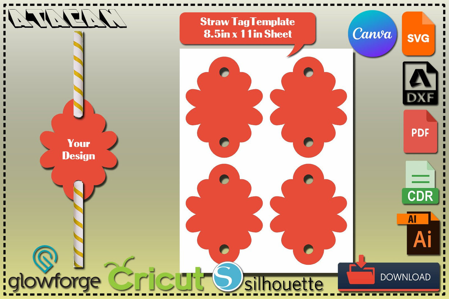 Straw Tag Insert Template / Custom Straw Tag Sublimation 8.5"x11" sheet, Printable Canva SVG DXF Ai CDR 348
