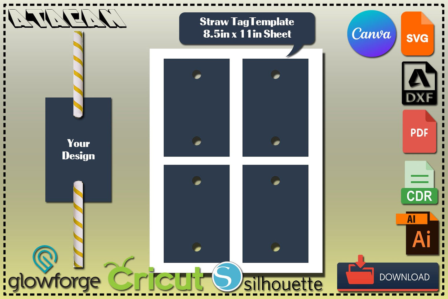Straw Tags Diy Editable Canva / Rectangle Straw Tag Template Sheets / Blank Template Labels / Canva SVG DXF Ai CDR 362