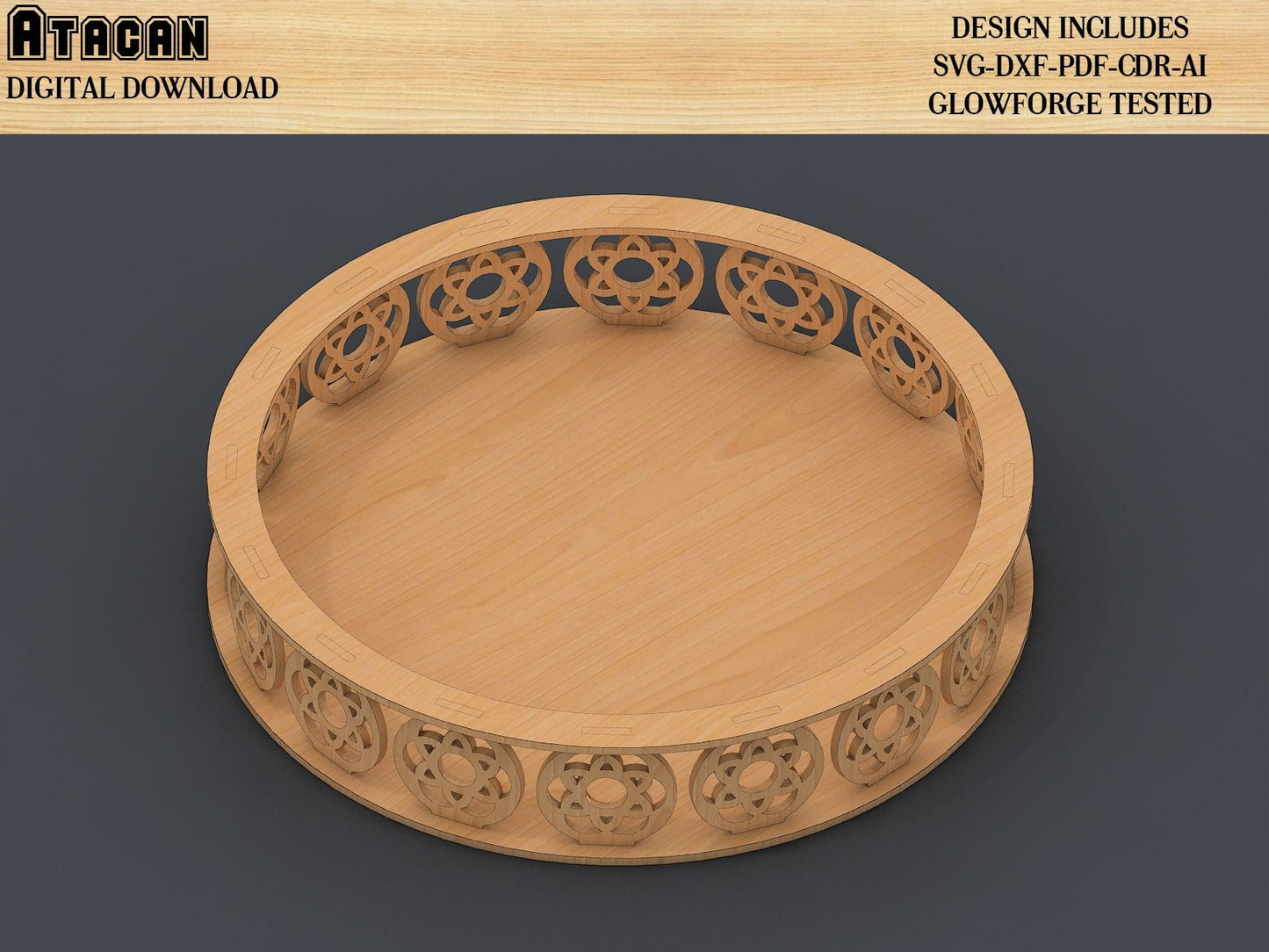 Tray Digital Svg file , Circle Tray Vector Laser Cut files, CNC plan Tray Template 320
