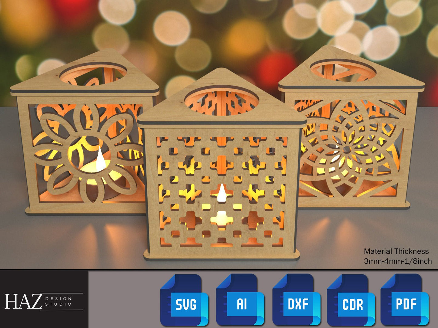 Triangle Table Lamps / Floor Light Boxes / Glowforge Candle Holders / Tealight Christmas Decor / Lantern Noel Gift SVG DXF CDR Ai PDf 175