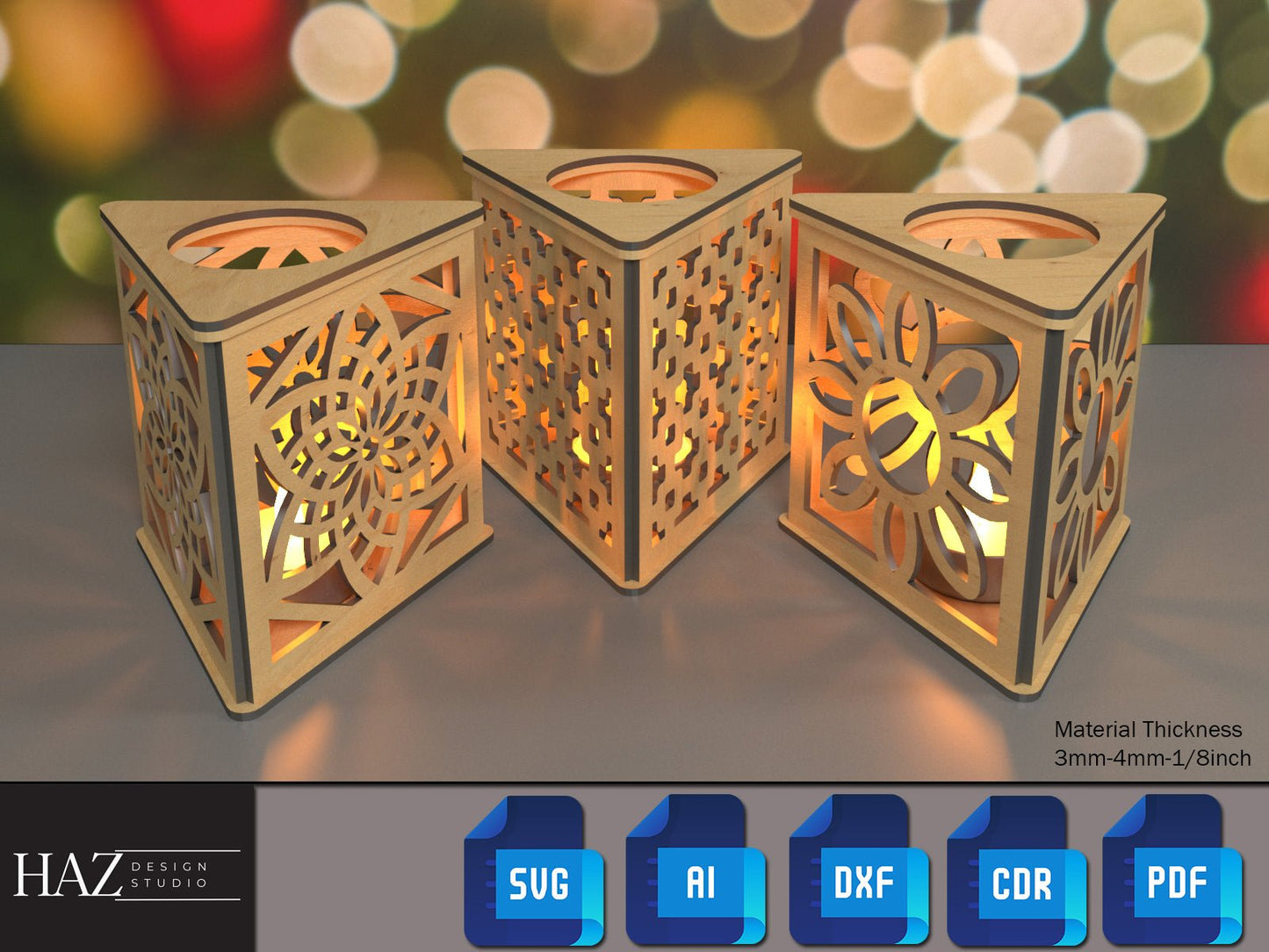 Triangle Table Lamps / Floor Light Boxes / Glowforge Candle Holders / Tealight Christmas Decor / Lantern Noel Gift SVG DXF CDR Ai PDf 175
