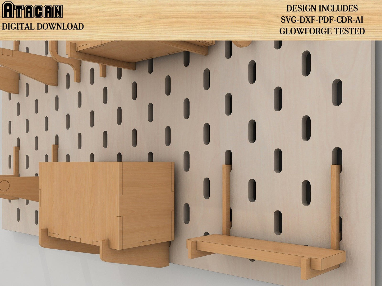 Wall Organiser Pegboard and Accessories Laser cut SVG files - Peg board Hooks, Complete Set