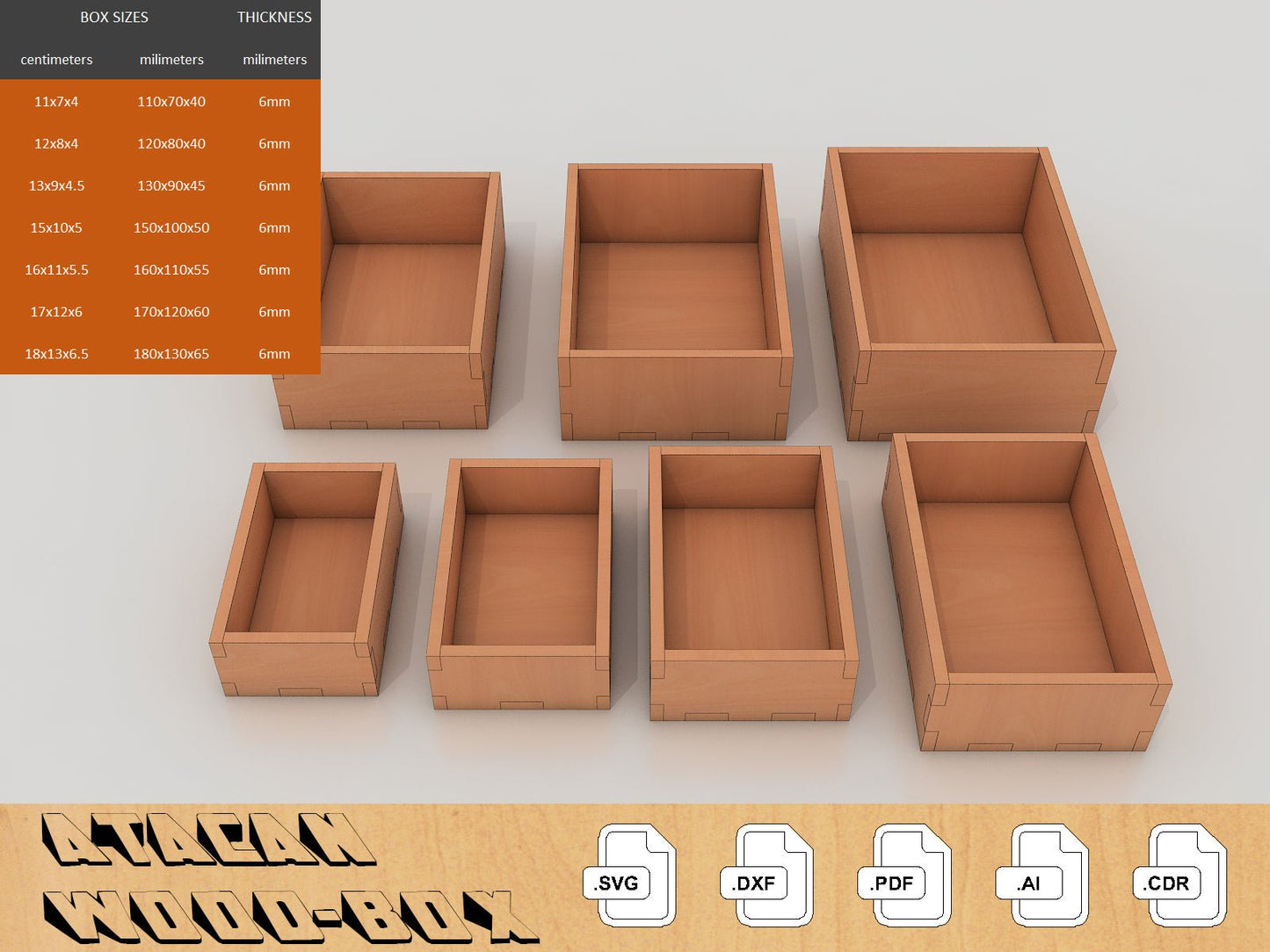 Wood Box Cutting files for 6mm Material / Glowforge, Lightburn, Xtool Boxes SVG DXF CDR Ai 053