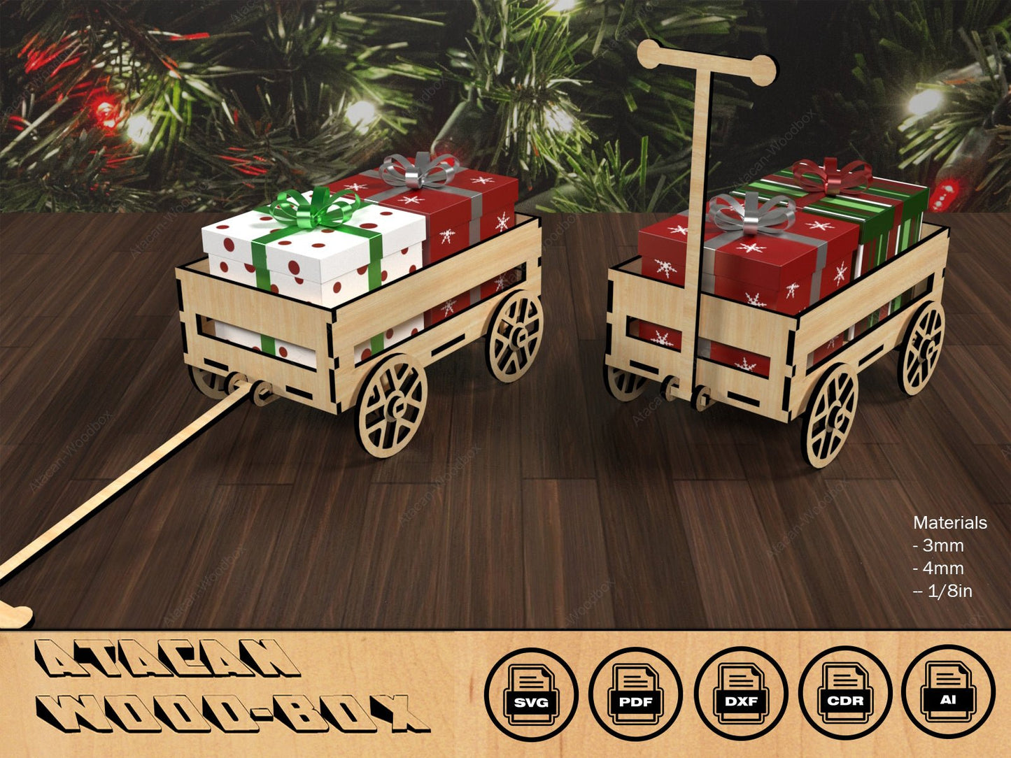 Wood Carriage Christmas Gift Box Stand / Ox Cart Candy Display Laser Cut Files / Wagoon Toys for children SVG DXF Ai CDR 397