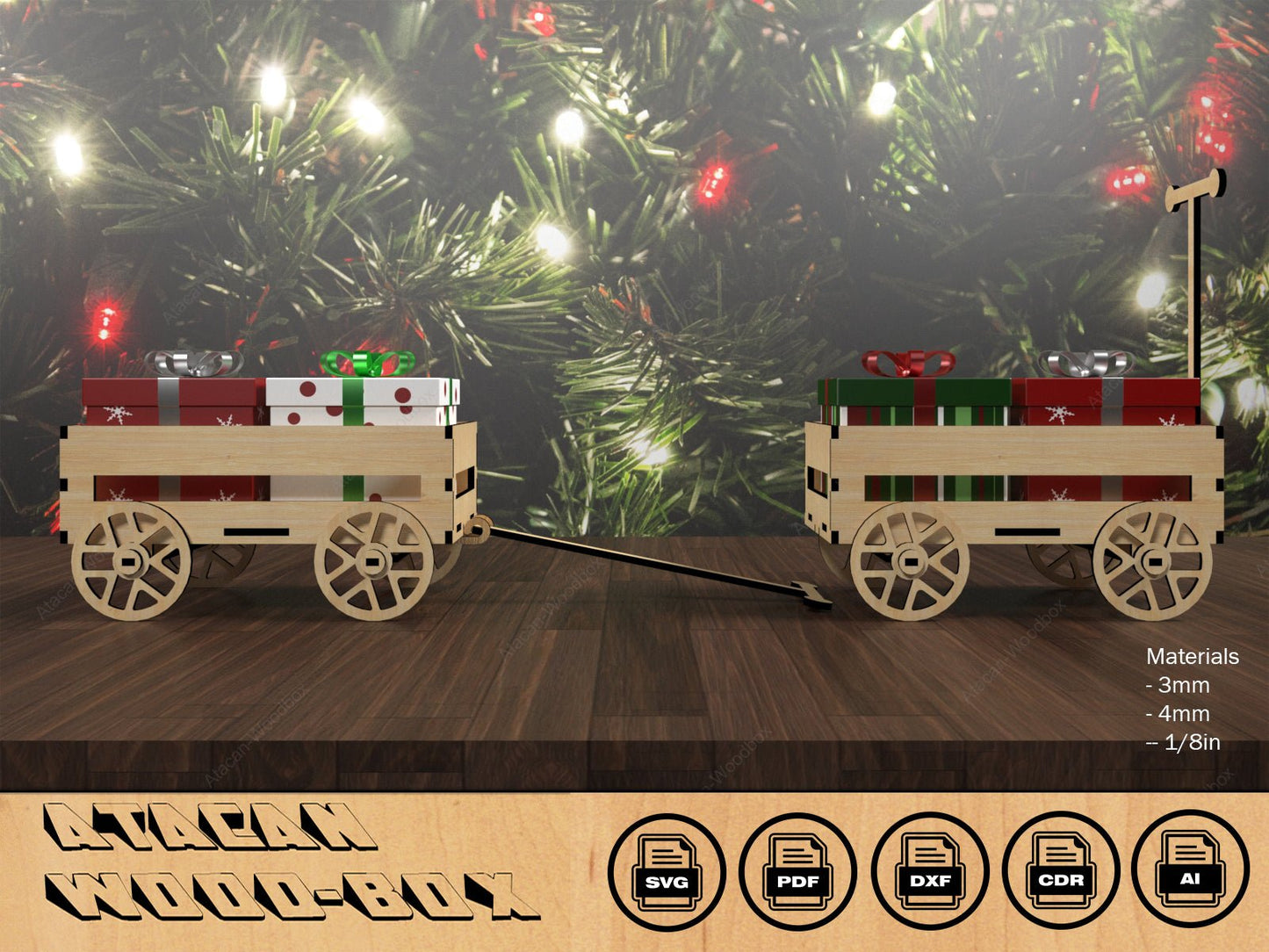 Wood Carriage Christmas Gift Box Stand / Ox Cart Candy Display Laser Cut Files / Wagoon Toys for children SVG DXF Ai CDR 397