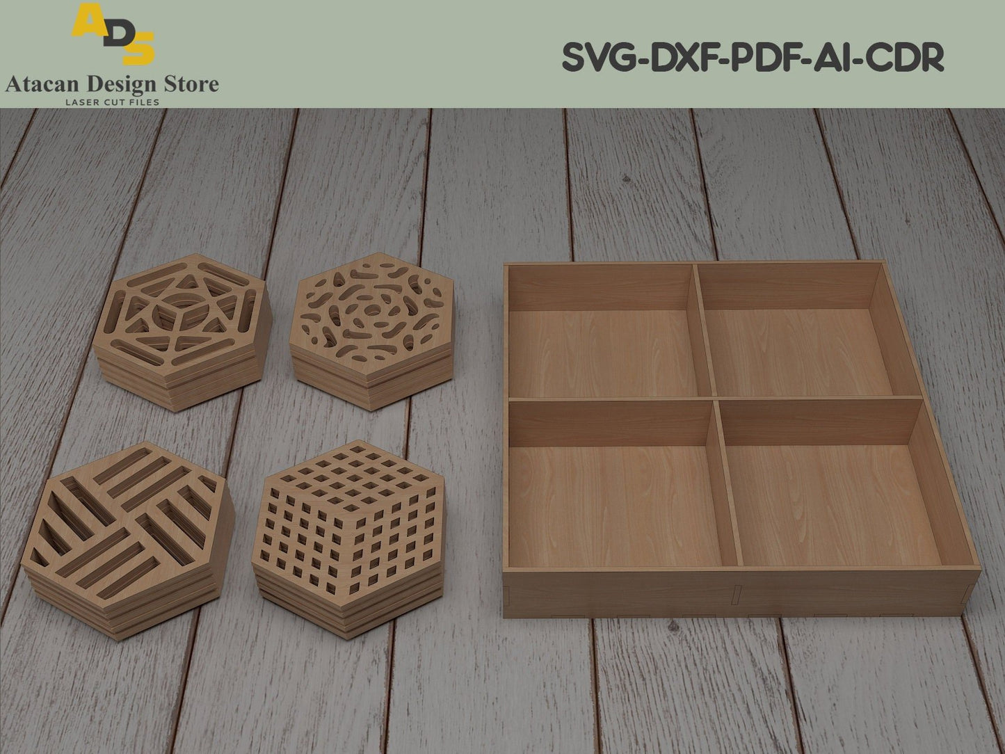 Wood Coasters for Drinks With Holder / Laser Cut Geometric Gift Boxed ADS206