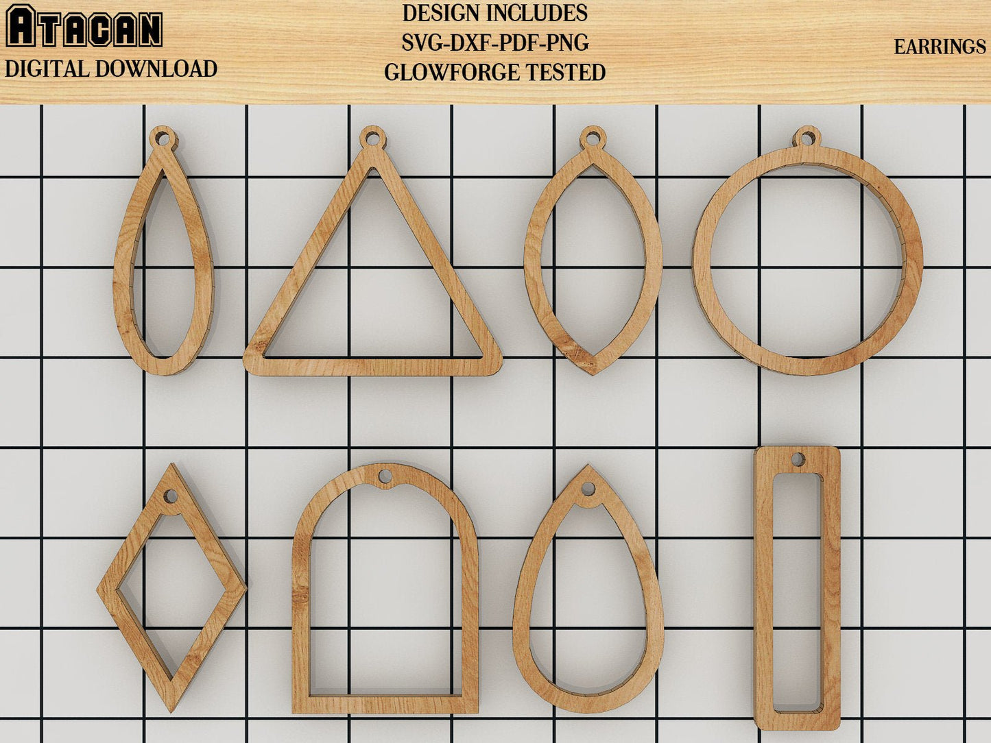 Wood Earring Shapes, Laser Cut Jewelry SVG files Tear drop, Diamond, Triangle, Rectangle, Round Earring Set 210