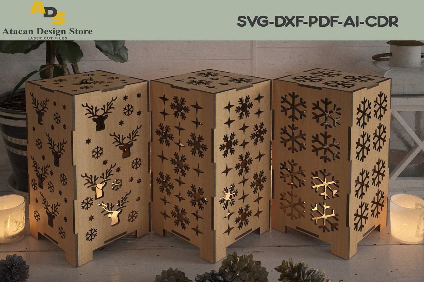 Wood Laser Cut Christmas Lamps / Noel Tealights Box shaped / Xmas Snowflake Patterns 288