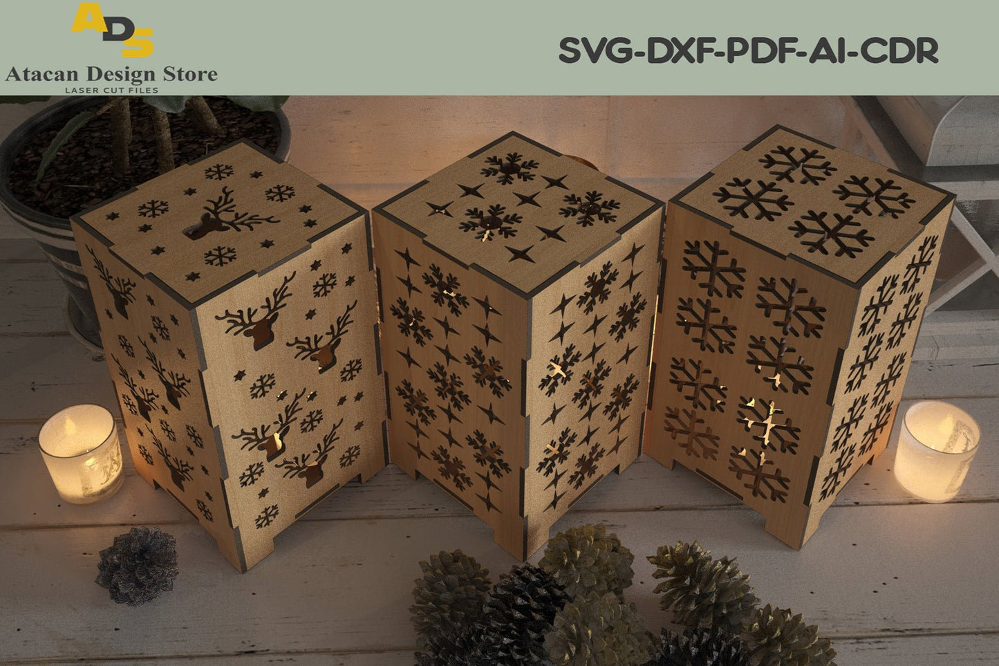 Wood Laser Cut Christmas Lamps / Noel Tealights Box shaped / Xmas Snowflake Patterns 288