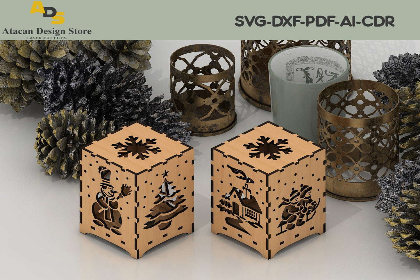 Wood Laser Cut Christmas Lamps / Noel Tealights Box shaped / Xmas Snowflake Patterns 288