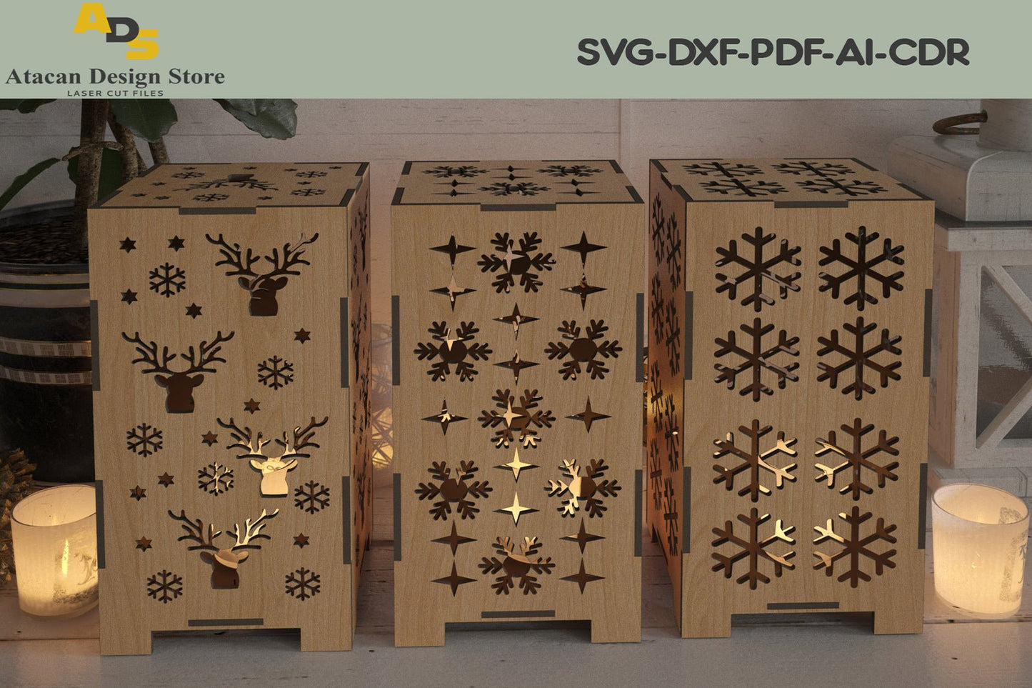 Wood Laser Cut Christmas Lamps / Noel Tealights Box shaped / Xmas Snowflake Patterns 288