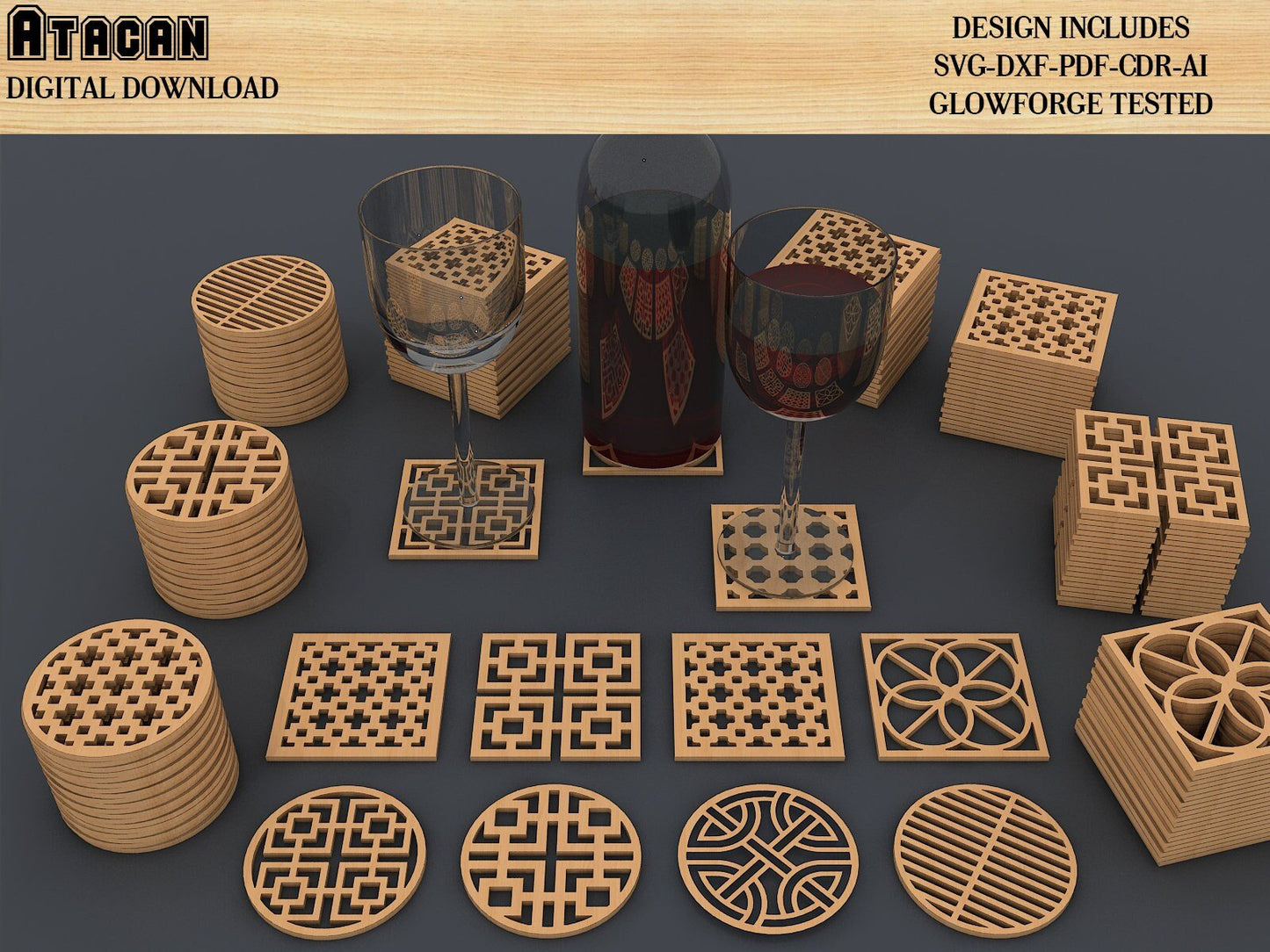Wood Metal Coaster Bundle / Grill Wall Decor Templates / Vector Digital SVG DXF Files / Instant Download / CNC Laser Cutting 348