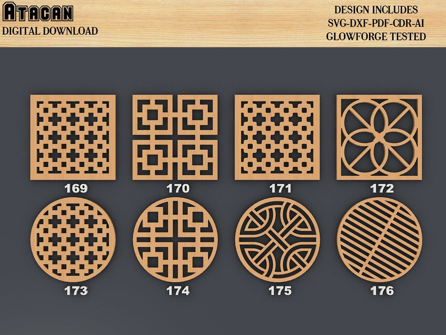 Wood Metal Coaster Bundle / Grill Wall Decor Templates / Vector Digital SVG DXF Files / Instant Download / CNC Laser Cutting 348