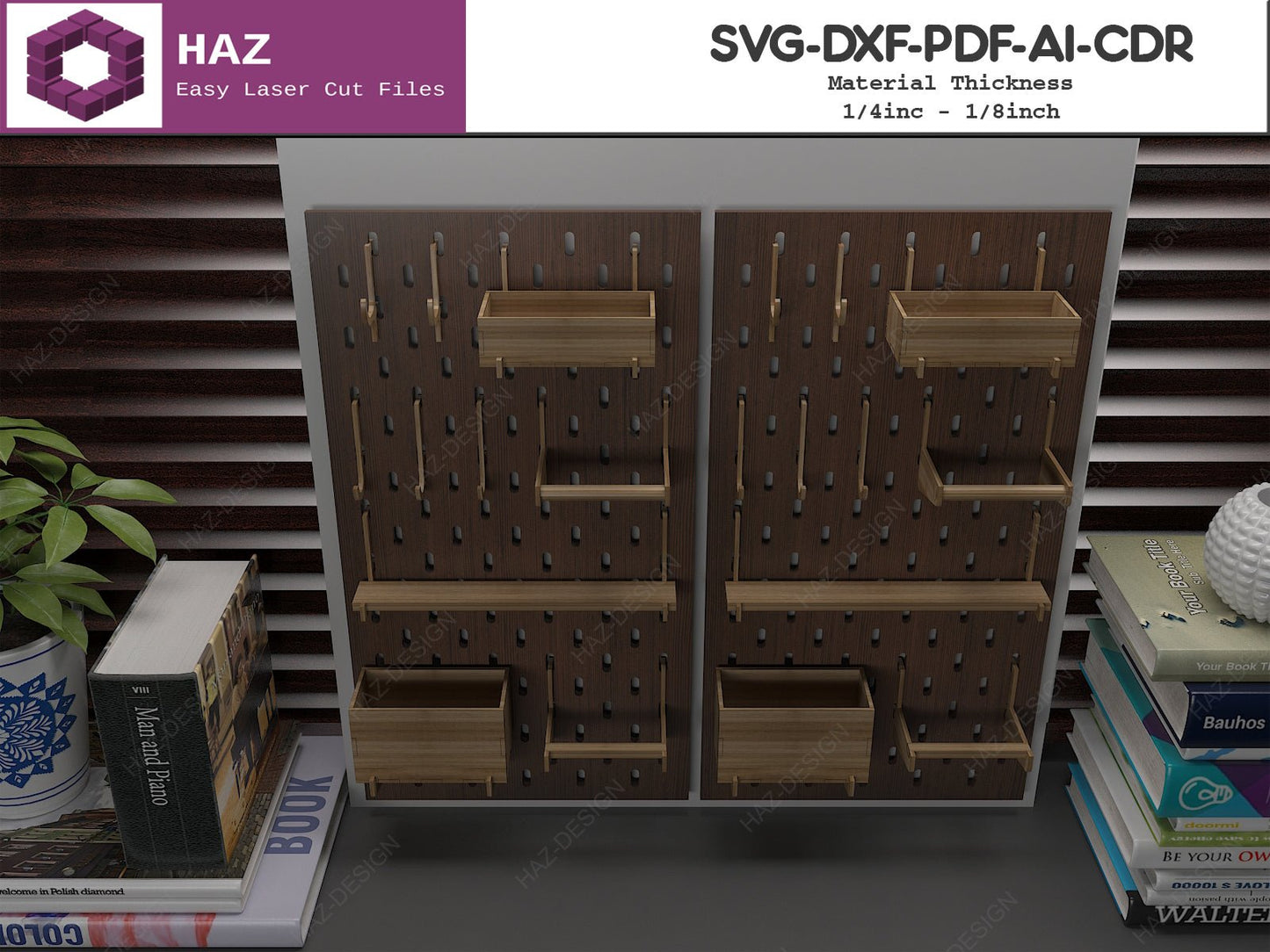 Wood Pegboard Wall Organizer / Hanging Peg board with hooks / Peg Notice Board SVG CDR Ai DXF 084