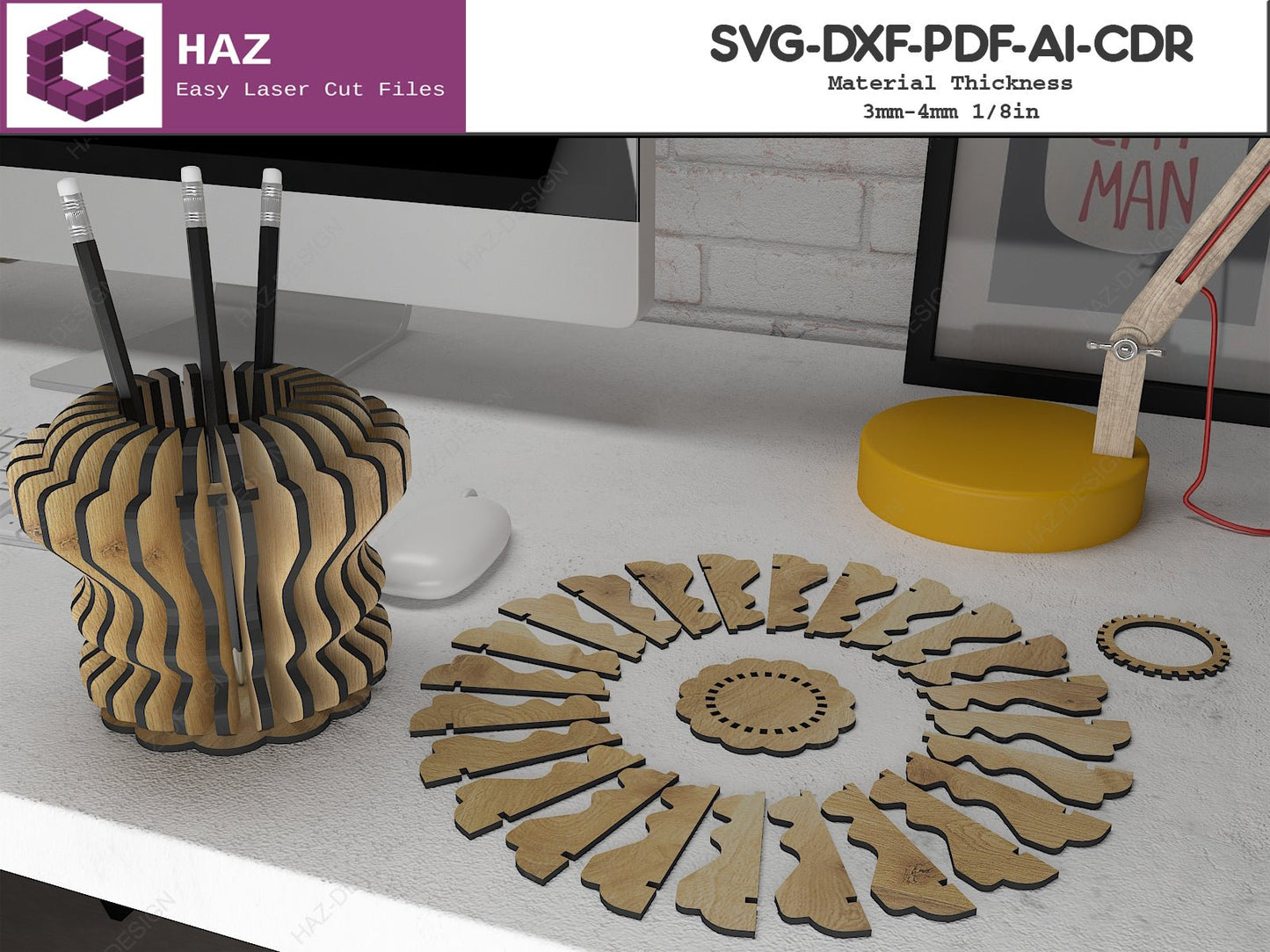 Wood Pencil Holder / Tabletop Pen Display Stand SVG DXF CDR Ai 088