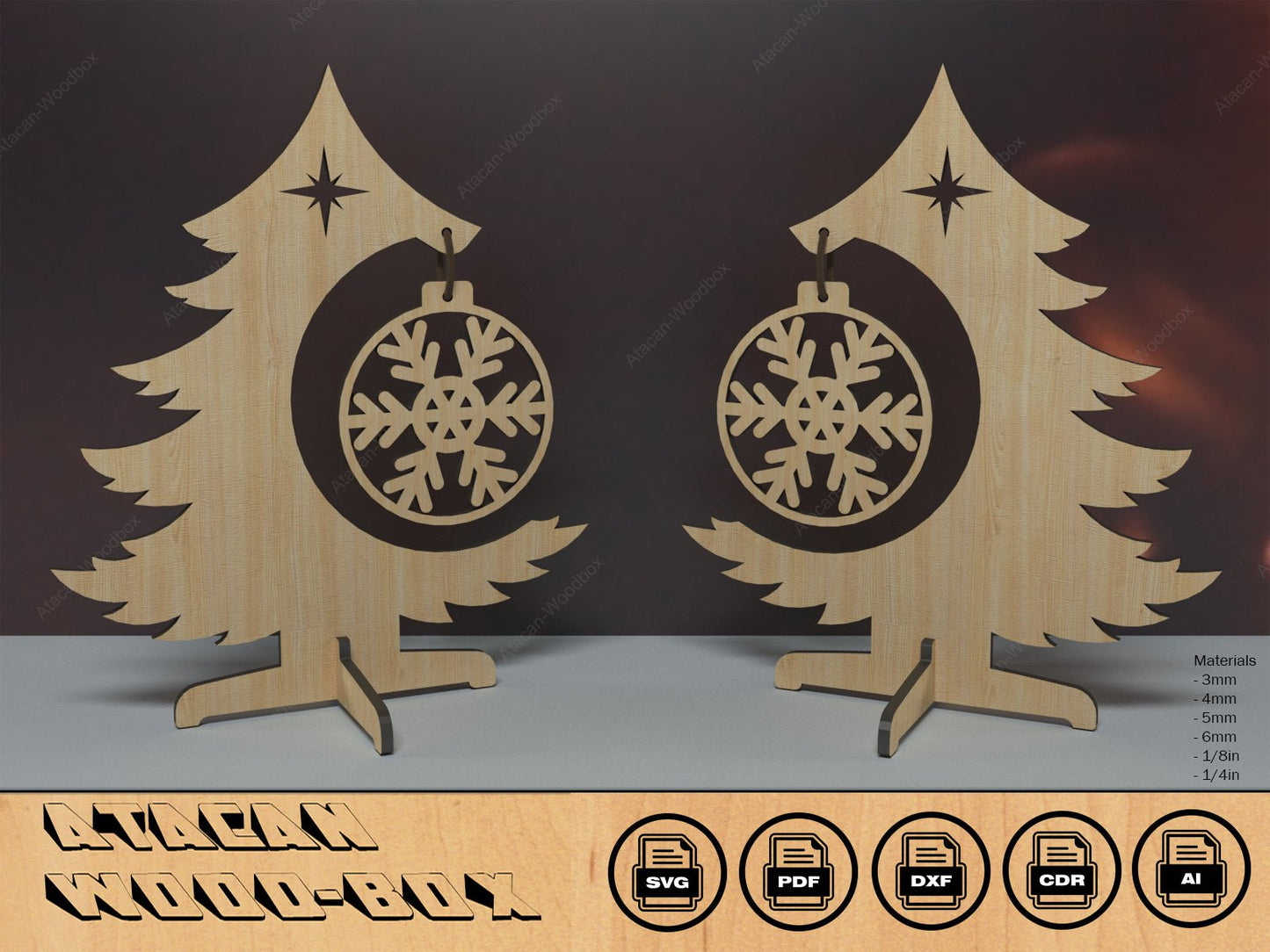 Wooden MDF Christmas Tree Decoration / Christmas Trees with Snowflake / Mini Tree Table Decor Plywood Laser Cut files SVG DXF Pdf Ai Cdr 394