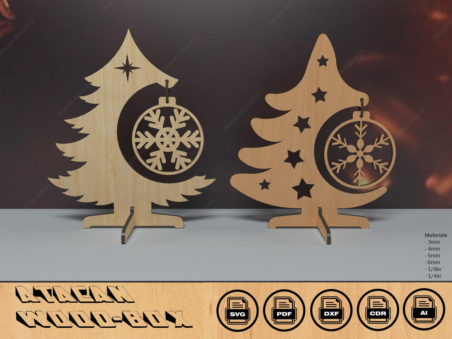 Wooden MDF Christmas Tree Decoration / Christmas Trees with Snowflake / Mini Tree Table Decor Plywood Laser Cut files SVG DXF Pdf Ai Cdr 394