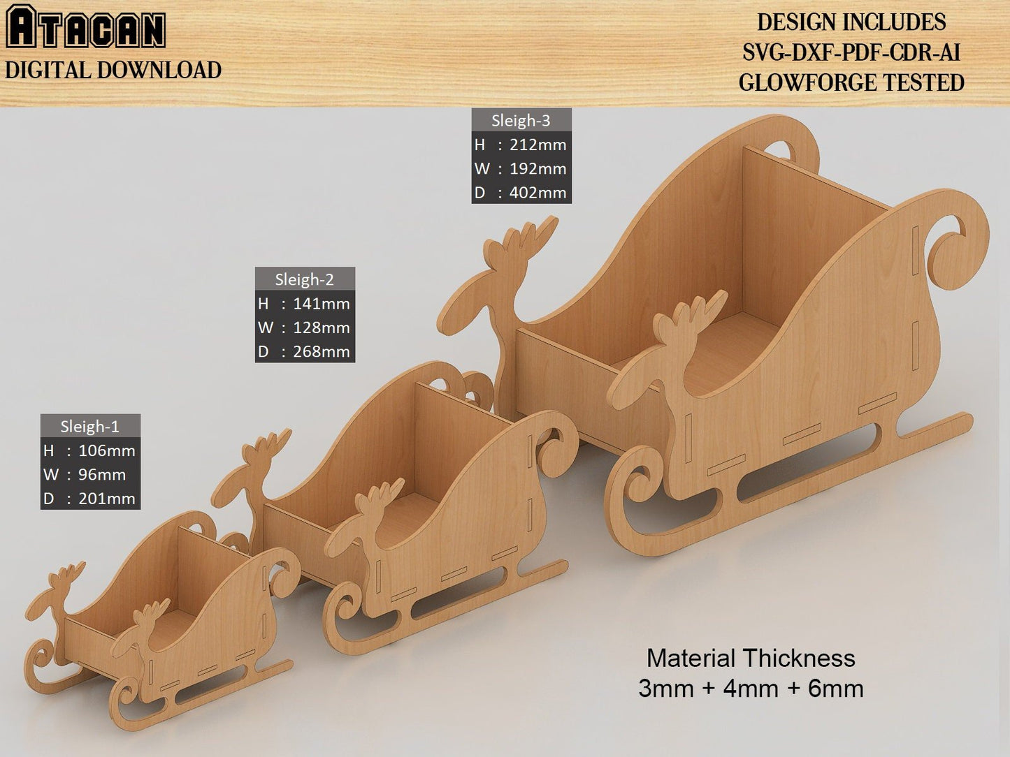 Wooden Sleigh SVG / Christmas Sled / Santa Claus Sleighs Laser Cut files / Laser ready plans 473