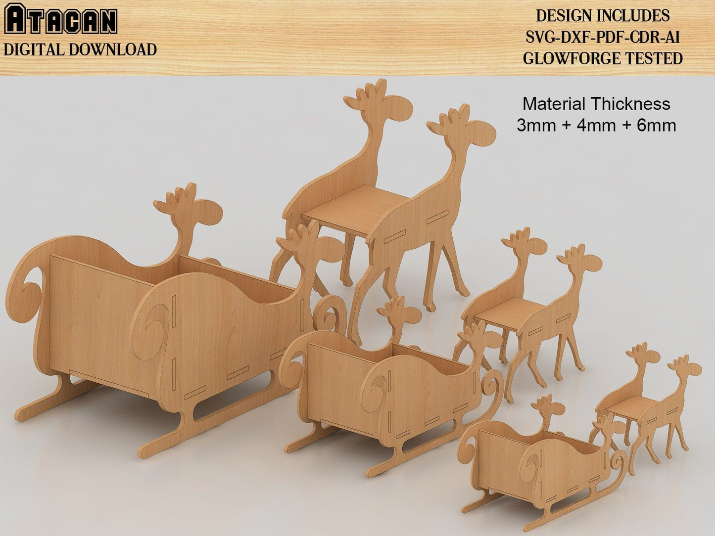 Wooden Sleigh with deer / Laser Cut Christmas Decor / Santa Reindeers and Sleds / Merry Christmas SVG Templates 478