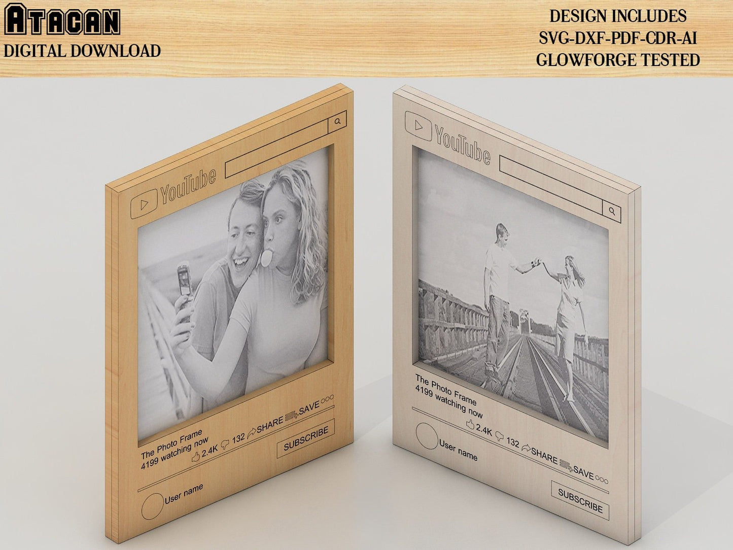 Youtube Customisable Frame laser cut template, Social Media Pic Frame Svg cut files, Svg dxf glowforge Digital Download 301