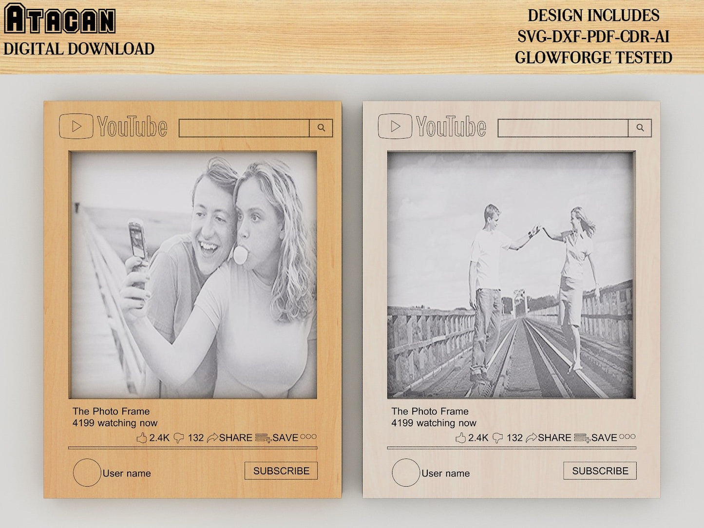 Youtube Customisable Frame laser cut template, Social Media Pic Frame Svg cut files, Svg dxf glowforge Digital Download 301