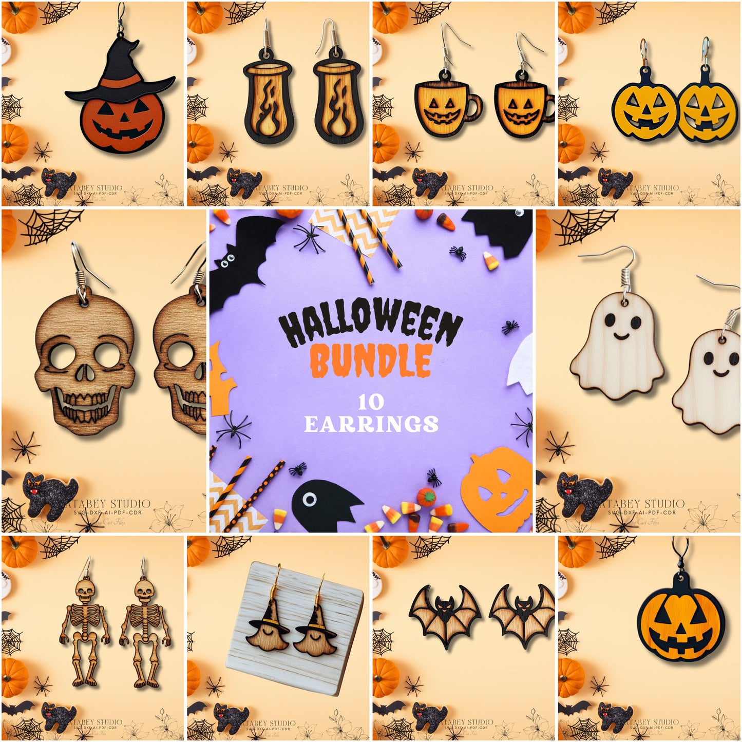 Halloween Earrings Template Pack - Ghost, Pumpkin, and Witch Hat Designs for Laser Crafting 872