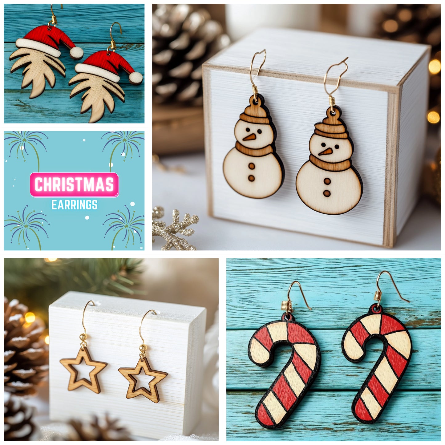 Christmas Laser Cut Earring Designs | Candy Cane, Star, Snowman & Santa Hat Earrings 874