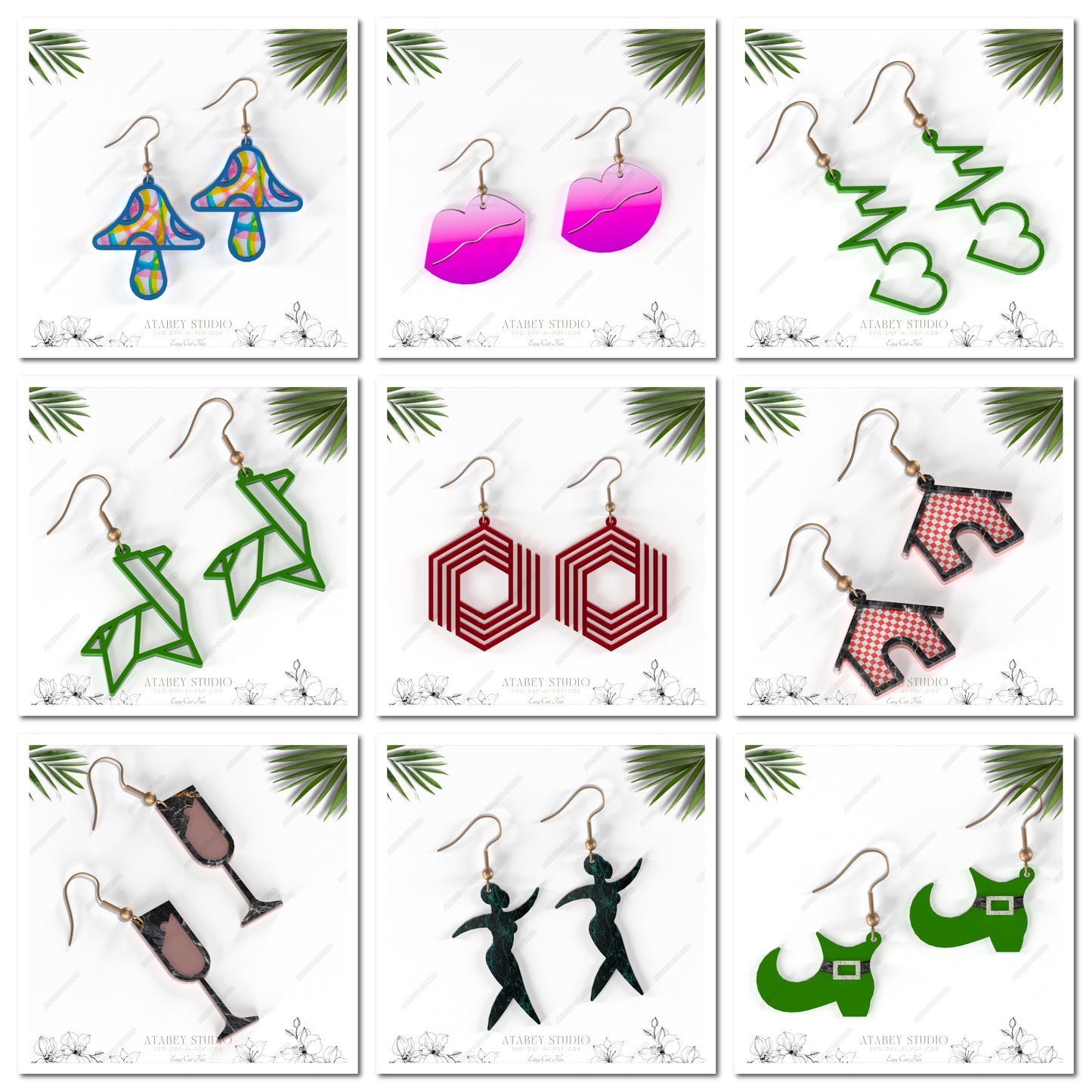 Vibrant Mushroom, Lip, Green Leaf, Cheers, Elegant Dancer, Elf Shoe, Heart, Tree Earring Bundle - Unique Jewelry Designs 866