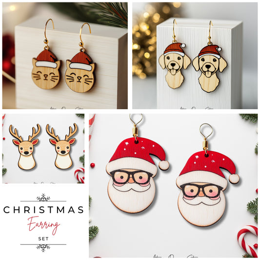 Christmas Pet & Holiday Icon Earrings Bundle - Cute Laser Cut Cat, Dog, Reindeer, Santa Designs 715