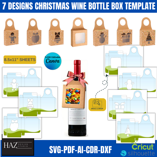 Christmas Wine Bottle Box Template Set with 7 Festive Designs | SVG-DXF-PDF Compatible with Canva & Cricut 371