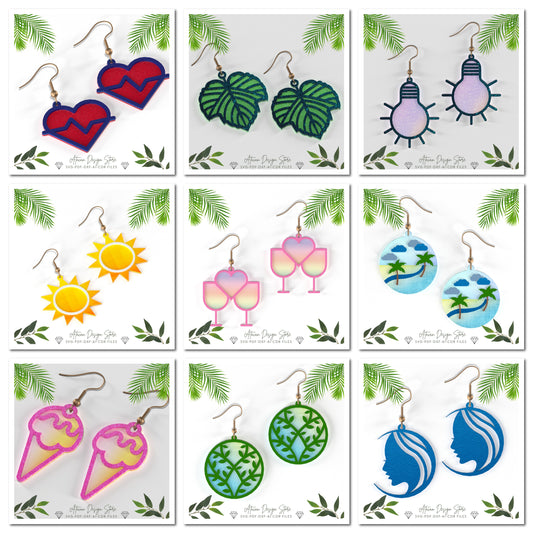 Summer-Themed Earring Collection - Beach Scene, Heartbeat, Palm Tree, Ice Cream, Wine Glass Designs - Palm Tree,Leaf, Surf Wave and more 663