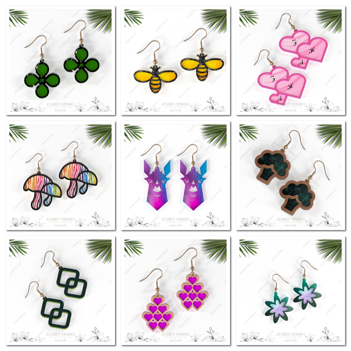 Trendy DIY Earring Templates - Bees, Mushrooms, Clovers, Flowers, Hearts, Animals, Retro and Geometric Shapes - Digital Download 869